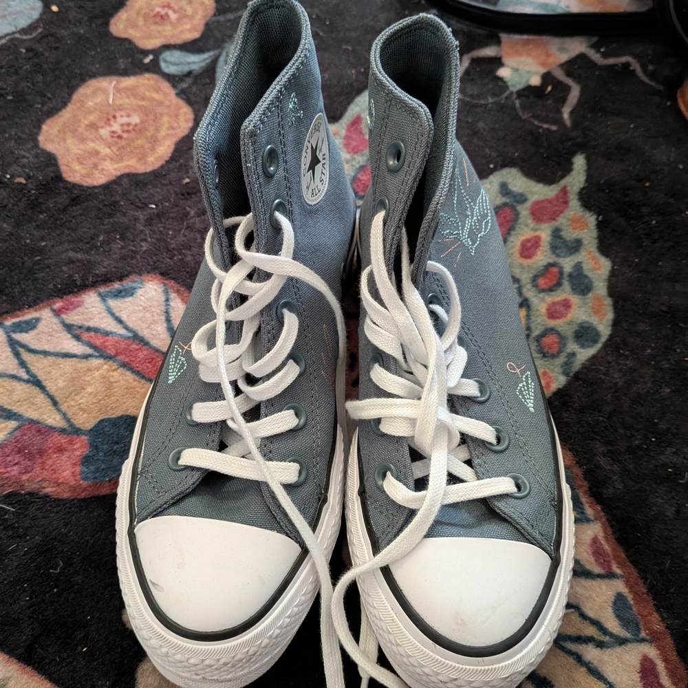 Converse High Top, Platform Sneakers in Slate Blue/Gray with Embroidered Accents